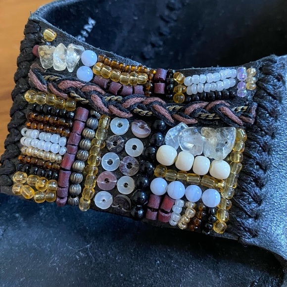 Rylee Leather Beaded Wood Heel Boho Chunky Heel Slides SZ 8.5 in Black - Picture 6 of 10